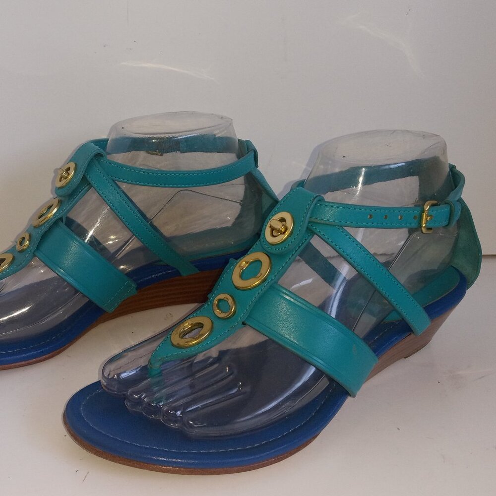 Y2K Coach Sz 6.5B Women's Wedge Sandals 2-tone Blue w Turnlocks